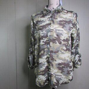 Living Doll Sheer Blouse Shirt M Button Up Camo Green Brown